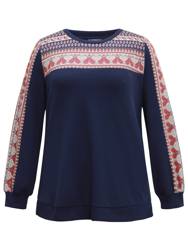 Paisley Contrast Patchwork Rib Knit Sweatshirt